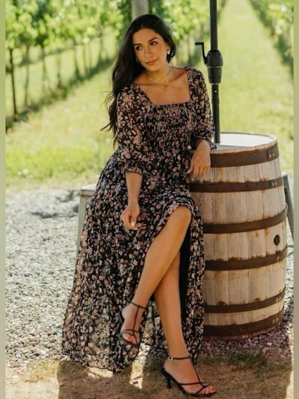 Mikarose Black Babydoll Maxi Dress Peach Floral Print Sz M Smocking Sheer Sleeve